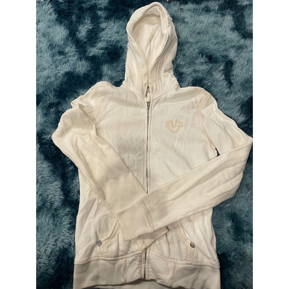 True Religion Zip‎ Up Hoodie Jacket Cream Embroidered Logo Authentic Vintage